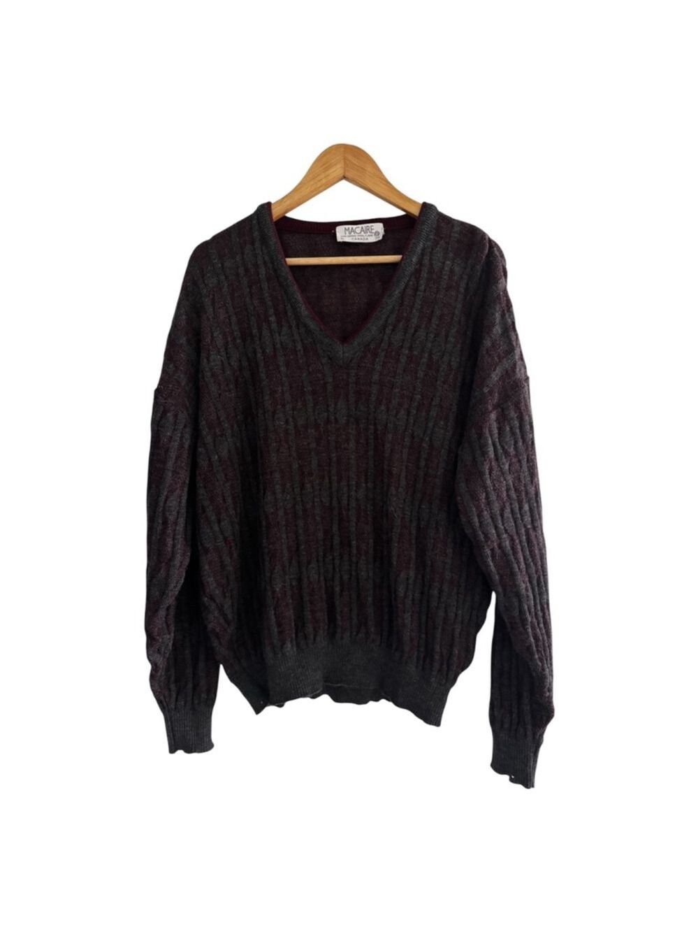 Vintage Merino Wool Grandpa Sweater Rib Knit V Neck Made in Canada